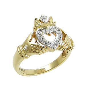 14 carat yellow gold 0.17cts diamonds claddagh engagement ring