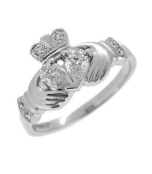 14 carat white gold 0.34cts/0.06cts diamonds claddagh engagement ring