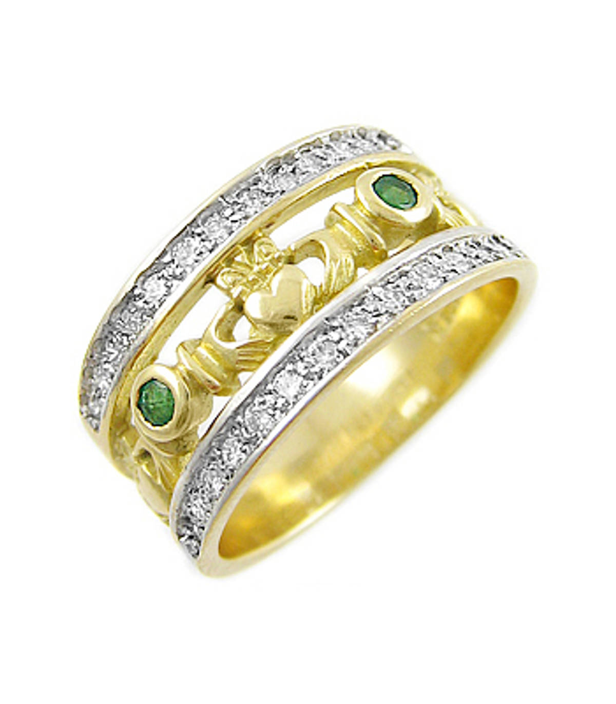 Irish made 14 carat yellow gold emerald 0.10cts/diamonds 0.26cts claddagh engagement ring