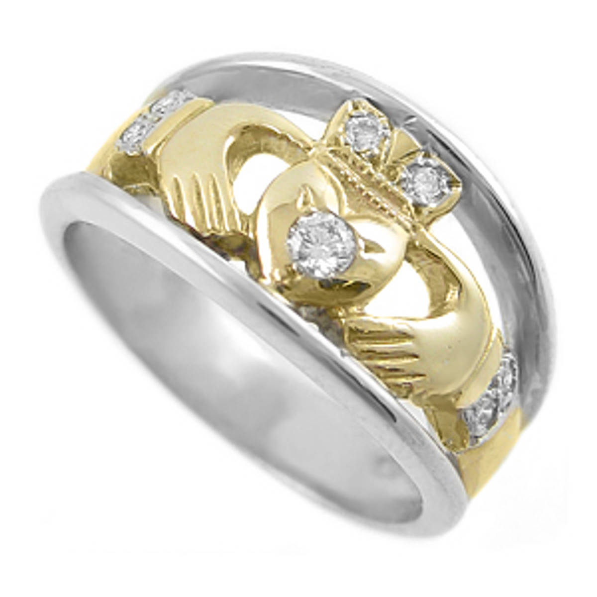 Irish made&nbsp;14 carat white/yellow gold 0.11cts diamonds claddagh engagement ring