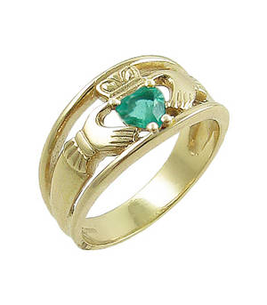 14 carat yellow gold 0.45cts emerald/0.06cts diamonds claddagh engagement ring