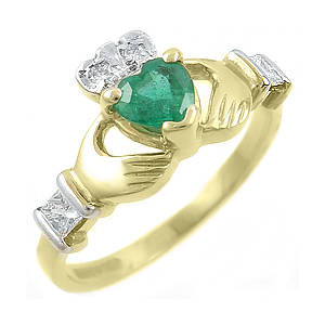 14 carat yellow gold 0.55cts emerald/0.22cts diamonds claddagh engagement ring