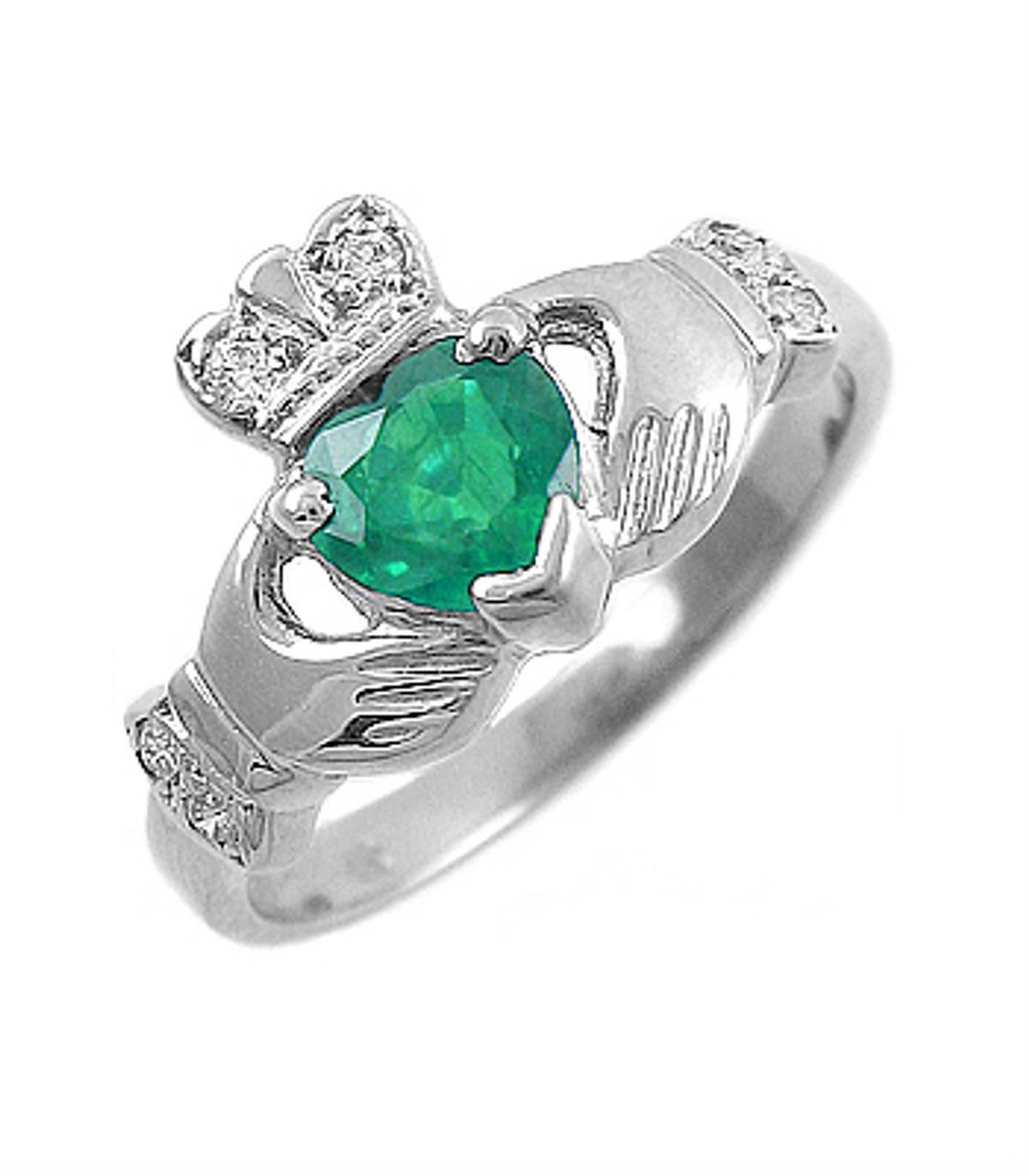 Irish made&nbsp;14 carat white gold 0.55cts emerald/0.06cts diamonds claddagh engagement ring