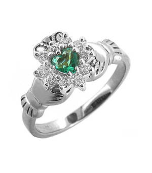 14 carat white gold 0.25cts emerald/0.26cts diamonds claddagh engagement ring