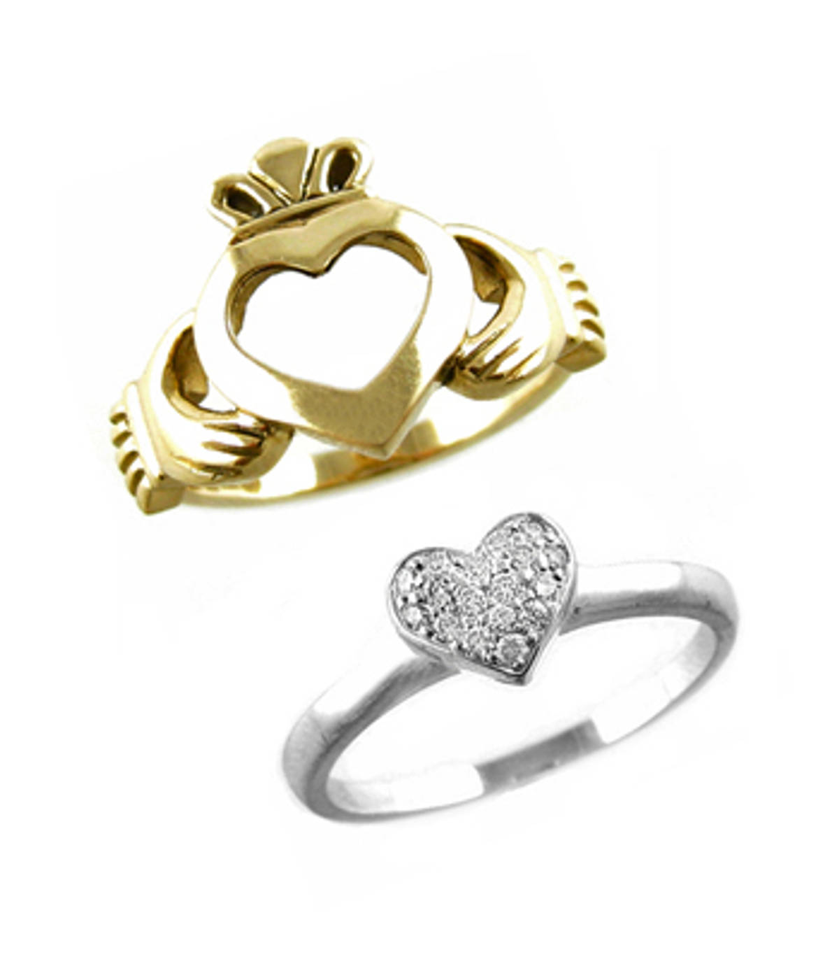 Irish made;14 carat white/yellow gold 0.20cts diamonds claddagh engagement ring(s) in 2 parts