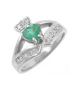 14 carat white gold 0.55cts emerald/0.12cts diamonds claddagh engagement ring
