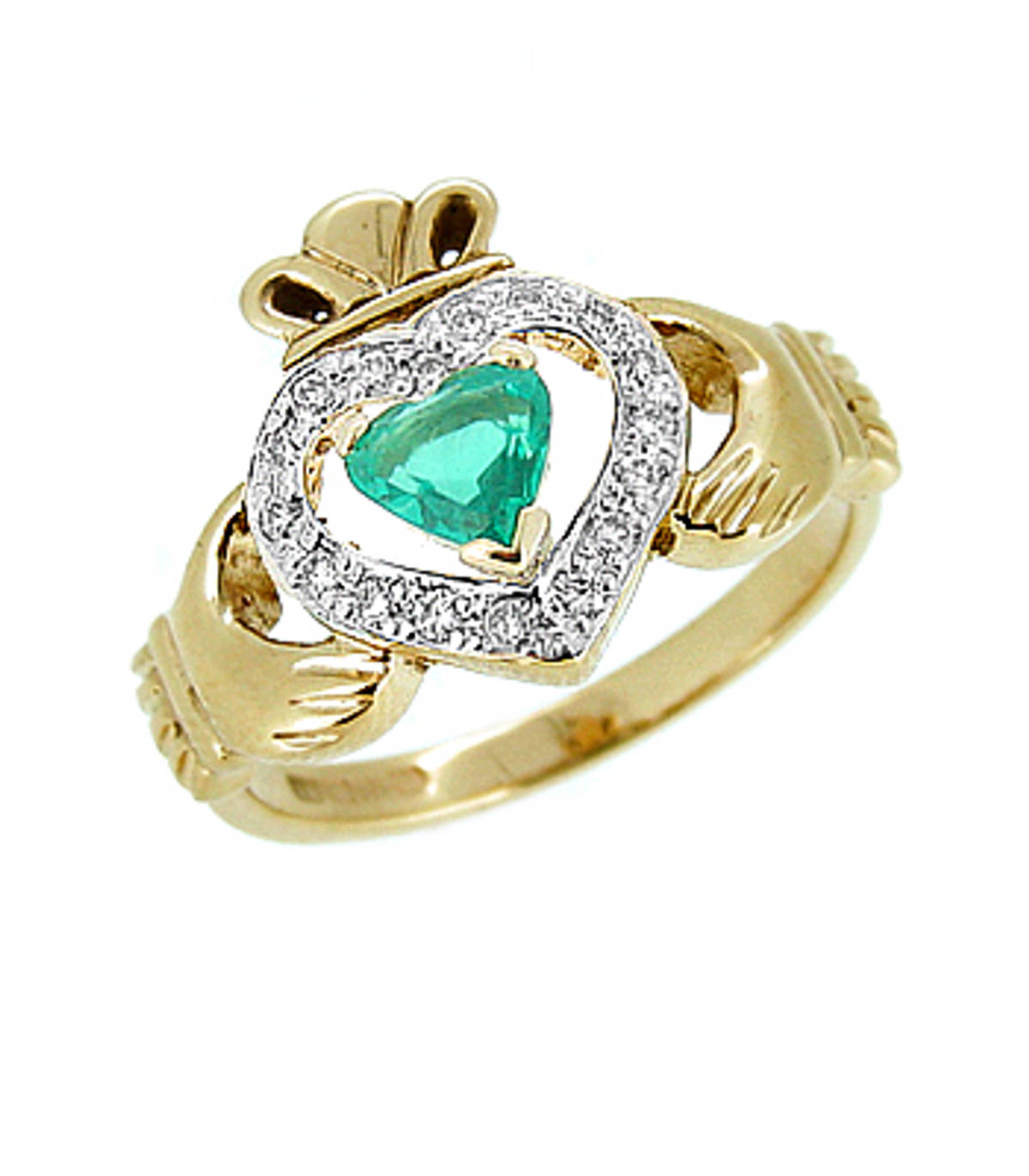 Irish made&nbsp;14 carat yellow gold 0.40cts emerald/0.13cts diamonds claddagh engagement ring