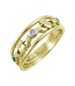 14 carat yellow gold 0.10cts emerald/0.02cts diamonds claddagh engagement ring