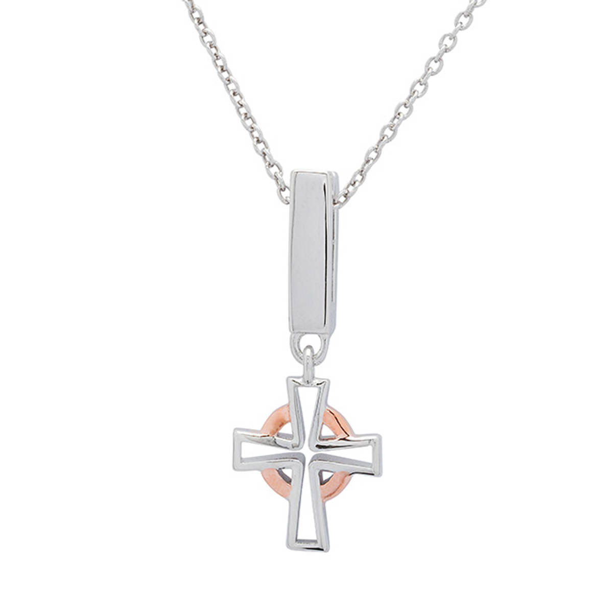 Sterling Silver and Rose Gold Plated two-tone Celtic Cross Clip On Charm Pendant

Size: 12.5mm