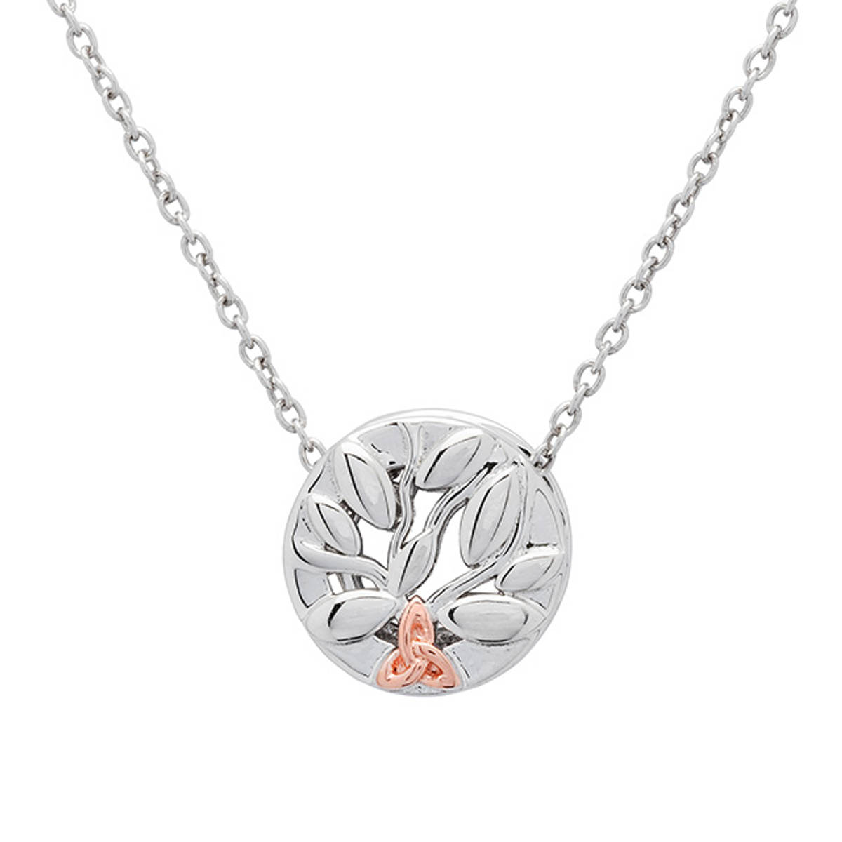 Silver "Tree Of Life" clip on charm with rose gold Trinity Knot.

Size: 11.7mm