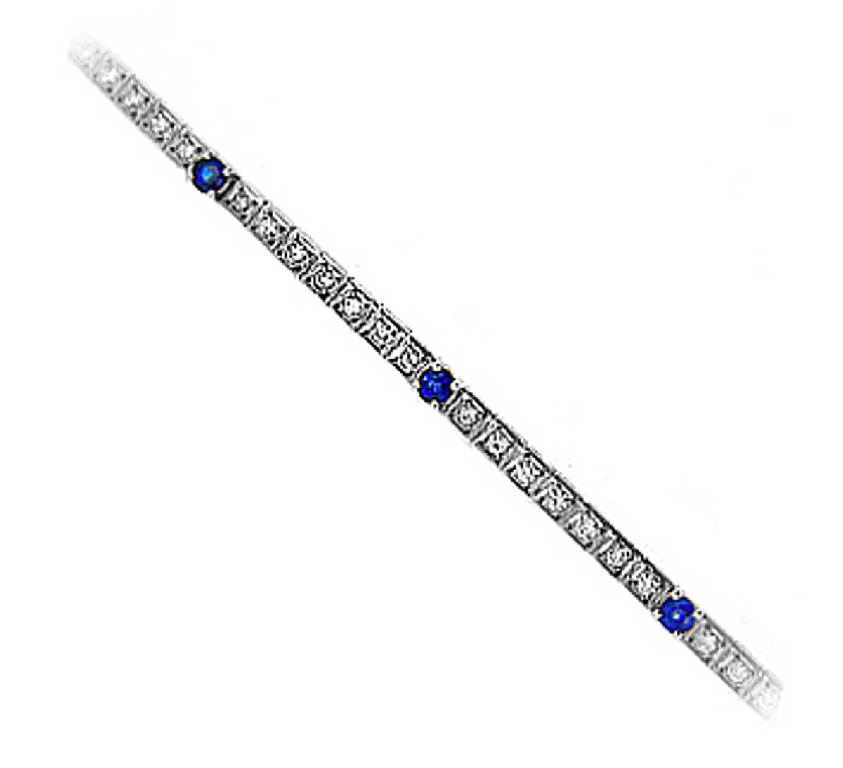 Sapphire and diamond line braceletAvailable in: 18k white gold, 18k yellow goldPictured item: 1.15ct brilliant cut diamonds/0.70cts sapphire  set in 18k white gold