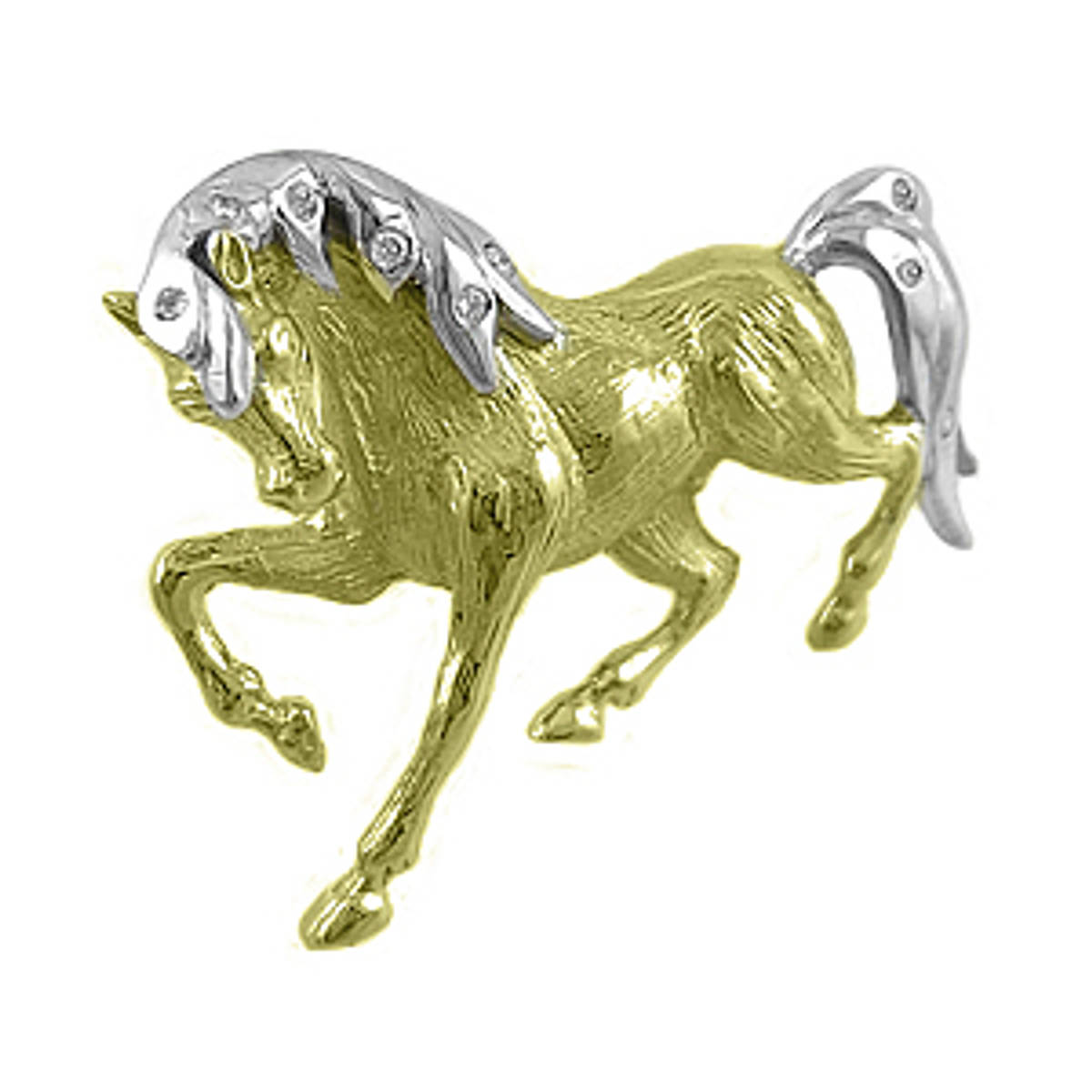 9 yellow gold with brilliant cut diamond horse brooch
Total diamond 0.06cts 
Width  3cm Height  2.5cm Made in Ireland