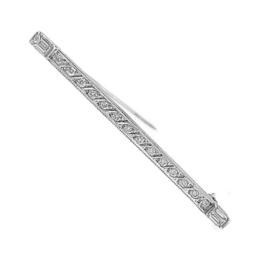 18k white gold baguette and brilliant cut diamond bar brooch
Total round diamonds 0.14ctstotal baguette diamonds 0.24cts
Length  4.5cm 
Made in Ireland