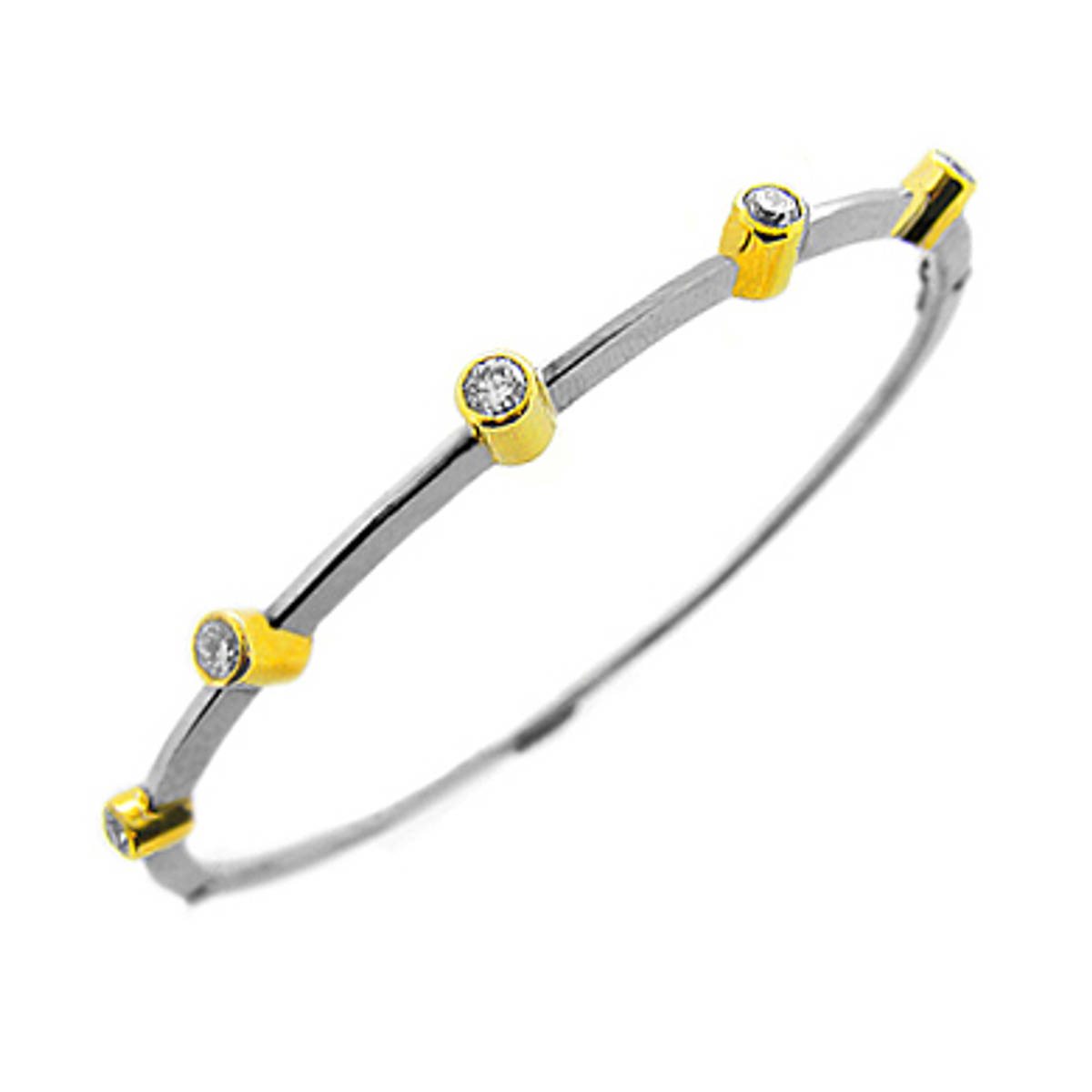 9k yellow and white gold 5st brilliant cut diamond rubover set bangle
Diamond total weight 0.50cts