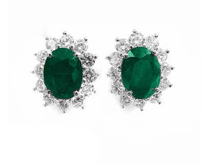 Oval emerald and round diamond cluster stud earrings in 18 ct white gold