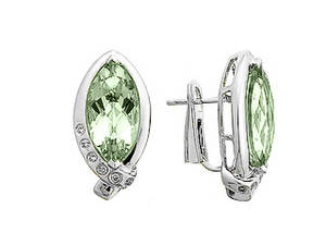 Green navette amethyst and diamond stud earrings in 18 ct white gold