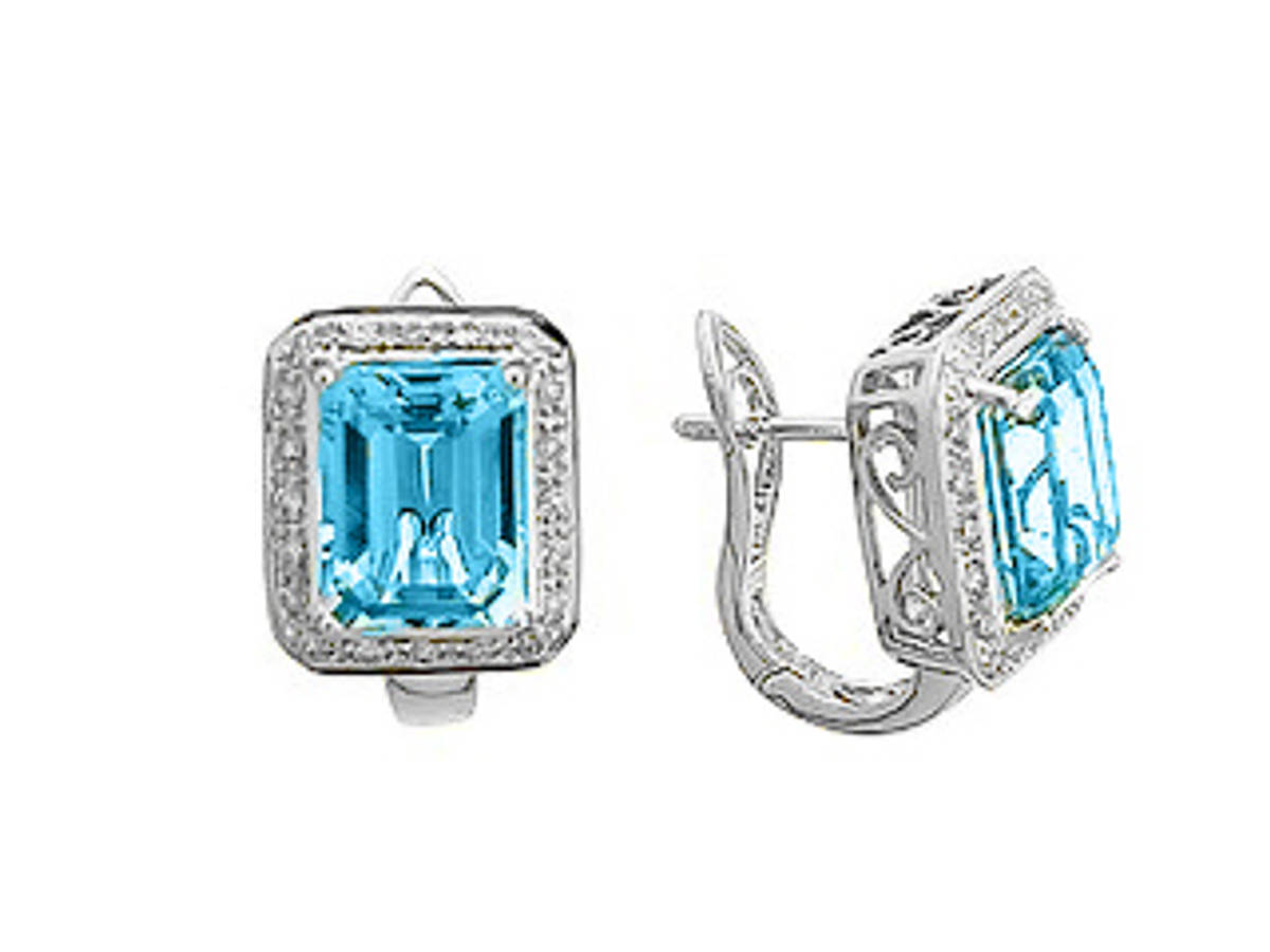 BLUE TOPAZ AND DIAMOND CLUSTER EARRINGSPictured item: 0.22ct diamonds/6.34ct blue topaz set in 18k white gold