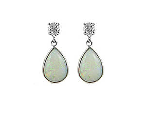 Pearshape opal and round diamond drop earrings in 18 ct white gold