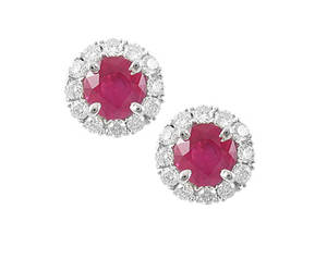 Round ruby and diamond cluster stud earrings in 18 ct white gold