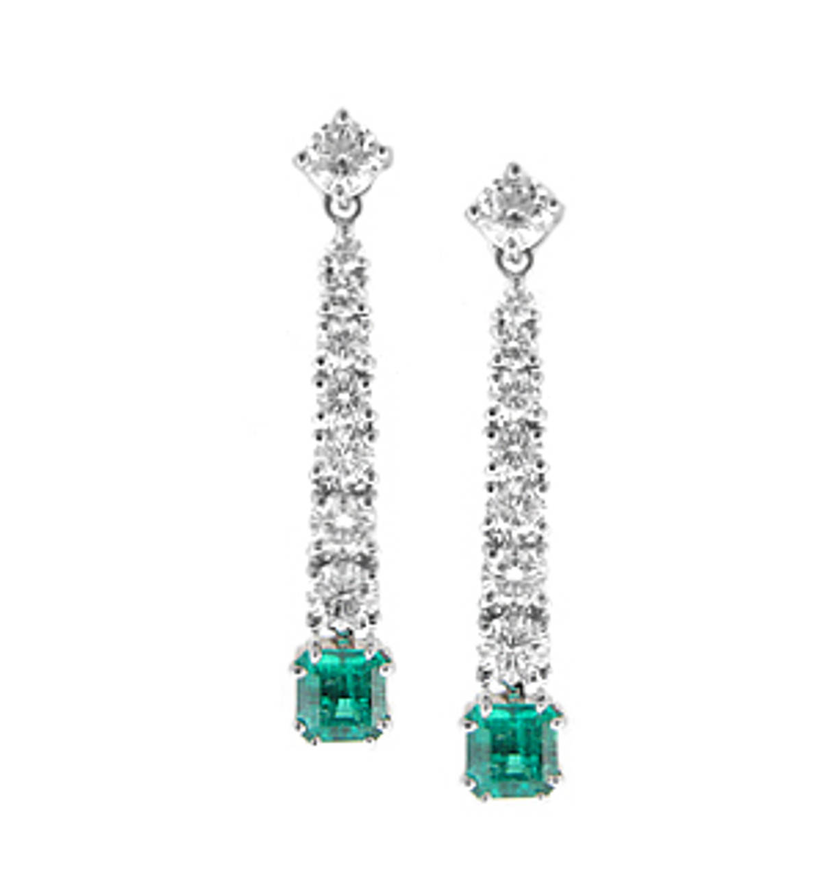 Square emerald and round diamond drop earrings. 2.33ct diamonds and 1.54ct emeralds set in 18k white gold