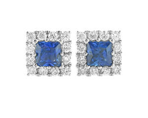 Square sapphire and round diamond cluster stud earrings in 18 ct white gold