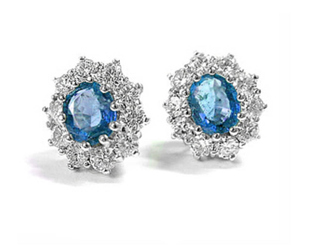 OVAL SAPPHIRE AND ROUND DIAMOND CLUSTER STUD EARRINGSPictured item: sapphire 1.55ct/diamond 0.82ct set in 18k white gold