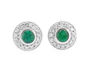 Emerald and diamond cluster stud earrings in 18 ct white gold