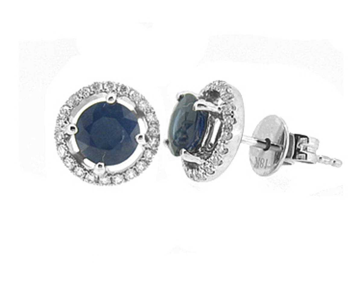 Round sapphire and diamond cluster stud earringsPictured item: sapphire 1.39ct/diamonds 0.21ct set in 18k white gold