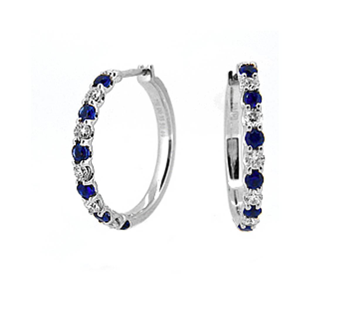 SAPPHIRE AND DIAMOND HOOP EARRINGSAvailable in: 18k white gold, 18k yellow goldPictured item: 0.33ct diamonds/0.49ct sapphire set in 18k white gold