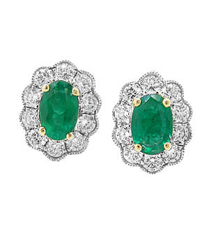 Oval emerald and diamond cluster stud earrings in 18 ct white gold