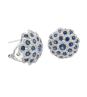Round sapphire and diamond cluster stud earrings in 18 ct white gold