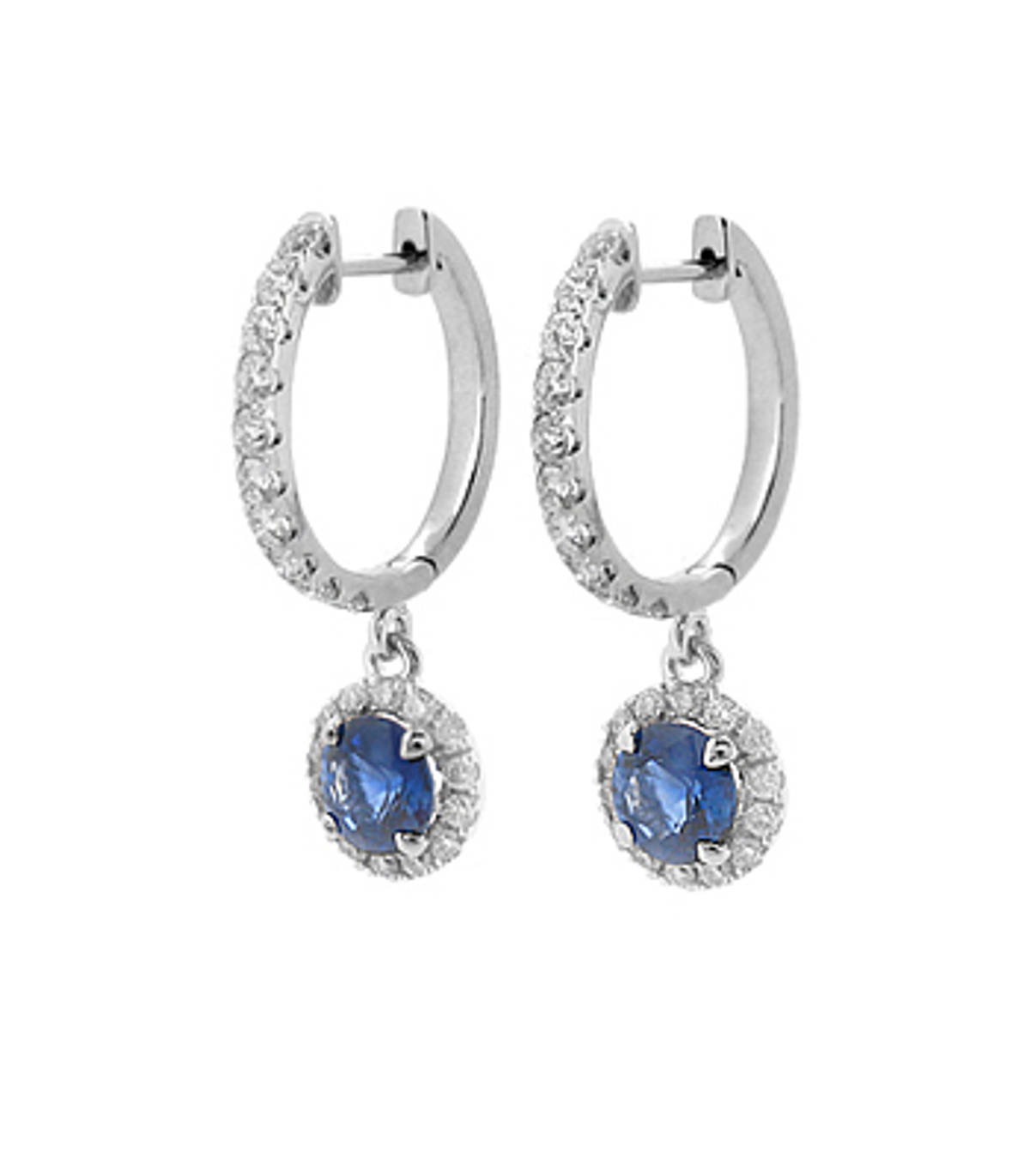 ROUND SAPPHIRE AND DIAMOND CLUSTER HOOP EARRINGSPictured item: sapphire 0.69ct/diamonds 0.31ct set in 18k white gold