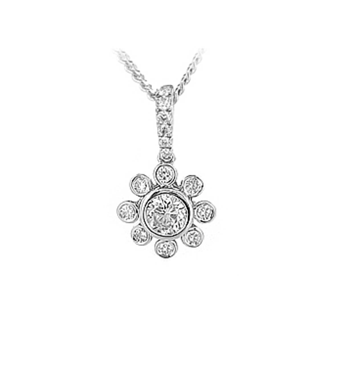 18k white gold brilliant cut diamond rubover set  pendant on 18k white gold 18” chain
DETAILS Carat: total diamond weight 0.53cts  
Pendant length 1.7cmPendant width 1cm