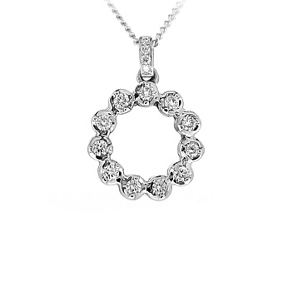 18k White Gold Brilliant Cut Diamond Circle Pendant On 18k White Gold 18” Chain
Total Diamond Weight 0.44cts Cut: Brilliant cut
Metal: 18k White Gold Pendant length 2.2cmPendant width 1.5cm