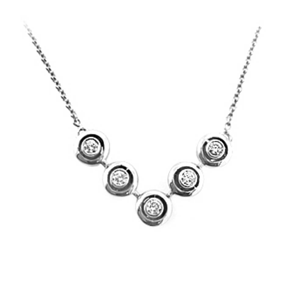 18k white gold 5st brilliant cut diamond rubover set necklaceDETAILSCarat: total diamond weight 0.22ctsCut: Brilliant cutMetal: 18k white gold SIZE & FITPendant length 1.4cmPendant width 2.4cmDrop 20cm