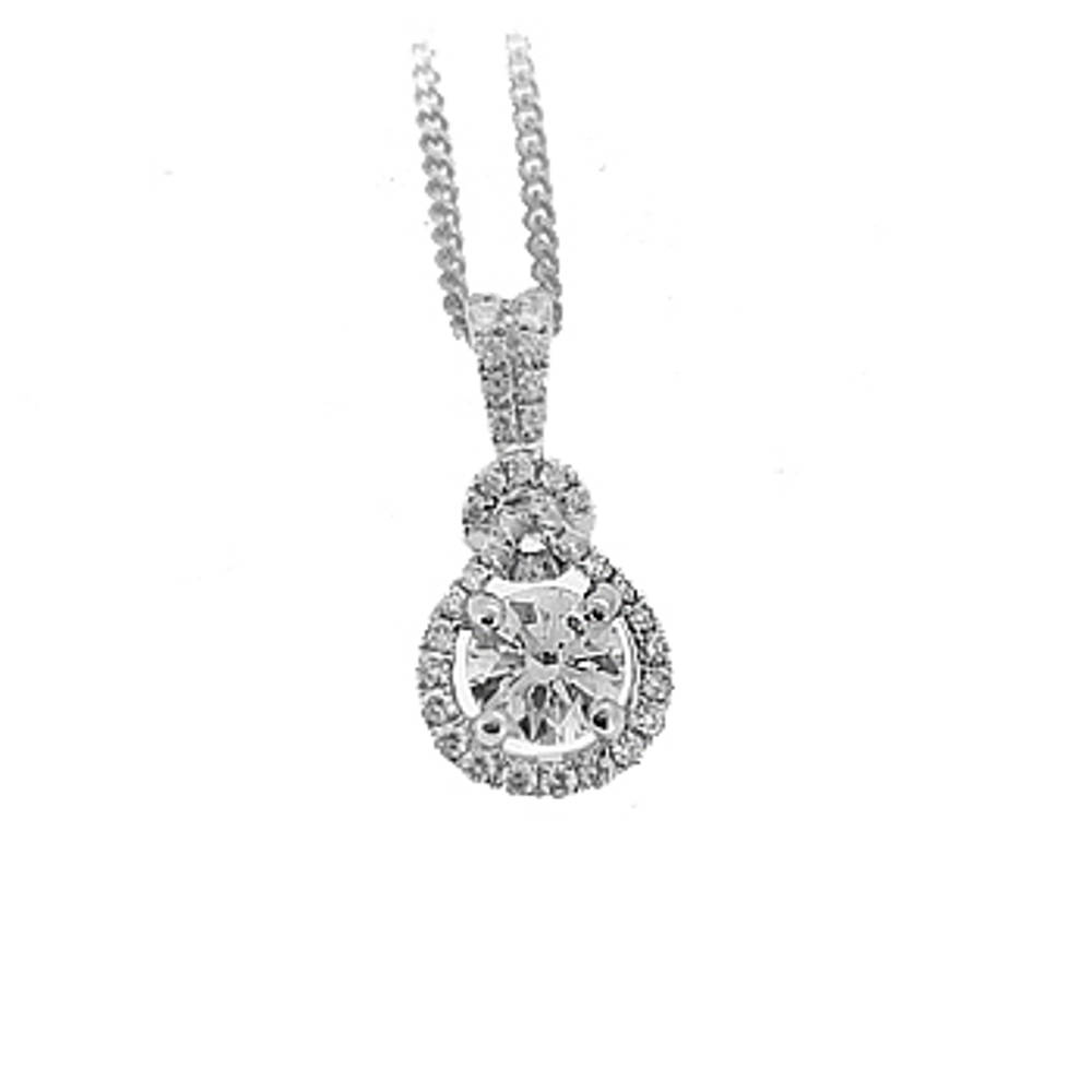 18k White Gold Single Stone Brilliant Cut Diamond Cluster Pendant on 18k White Gold 18” Chain
Centre Diamond 0.72cts Side Diamonds Total 0.24cts
Pendant length 1.9cmPendant width 1cm