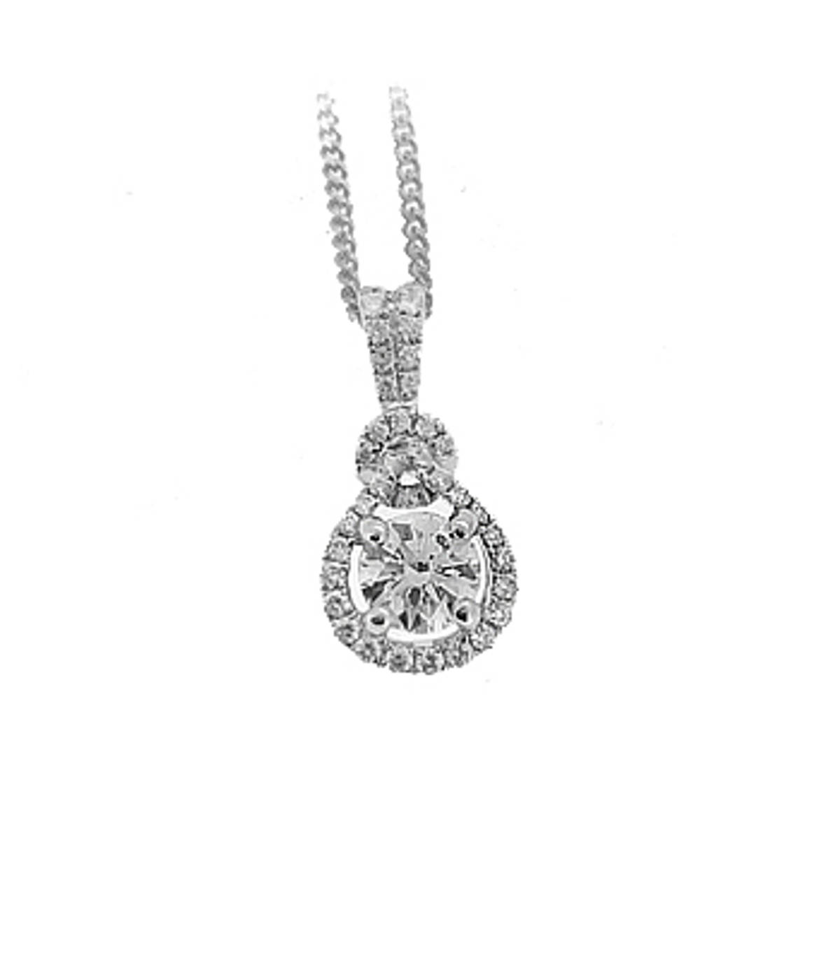 18k White Gold Single Stone Brilliant Cut Diamond Cluster Pendant on 18k White Gold 18” Chain
Centre Diamond 0.72cts Side Diamonds Total 0.24cts
Pendant length 1.9cmPendant width 1cm