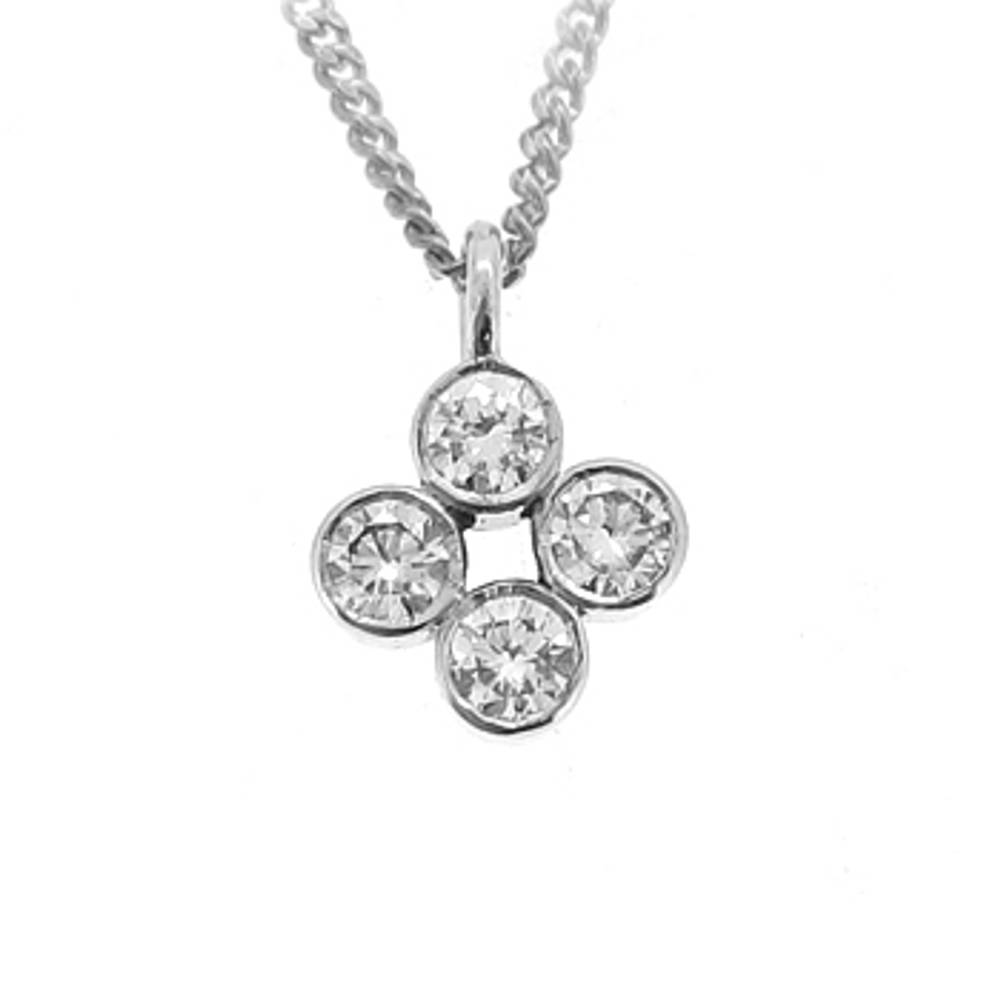 18k white gold 4st brilliant cut diamond rubover set pendant on 18k white gold 18” chainDETAILSCarat: total diamond weight 0.45cts SIZE & FITPendant length 1.3cmPendant width 0.9cm
