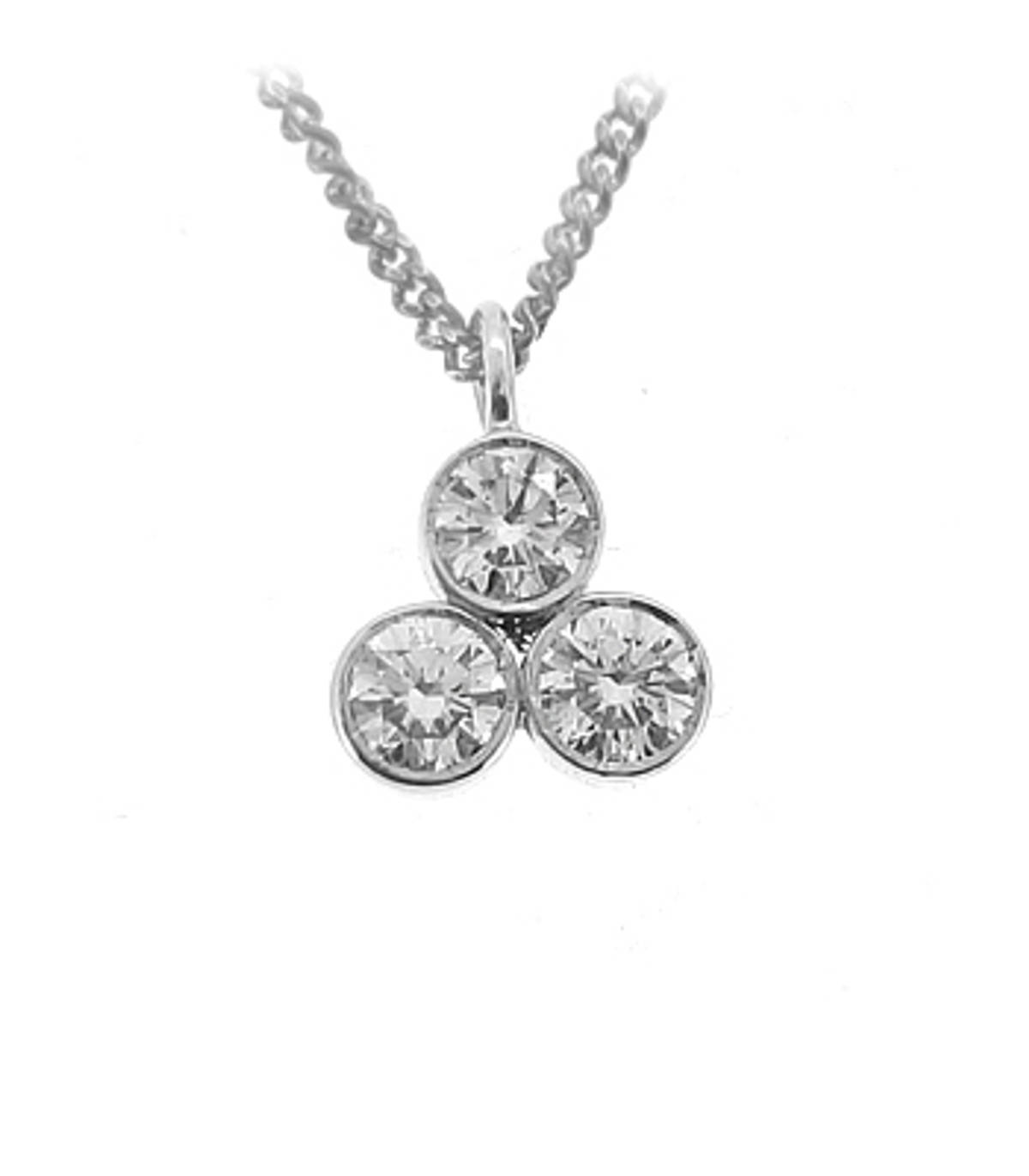 18k white gold 3st brilliant cut diamond rubover set  pendant on 18k white gold 18” chain
Total diamond weight 0.74cts 
Pendant length 1.3cmPendant width 1cm