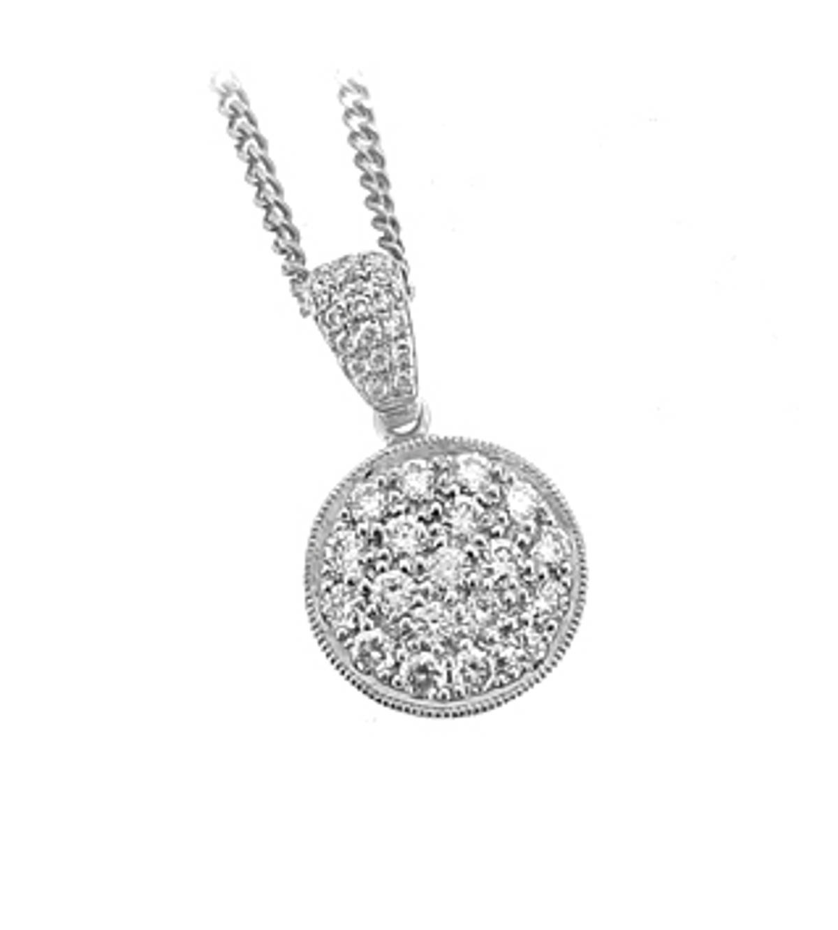 18k white gold brilliant cut diamond cluster pendant on 18k White gold 18” chain
Total Diamond Weight 0.50cts
Pendant Length 1.6cmPendant width 1.1cm