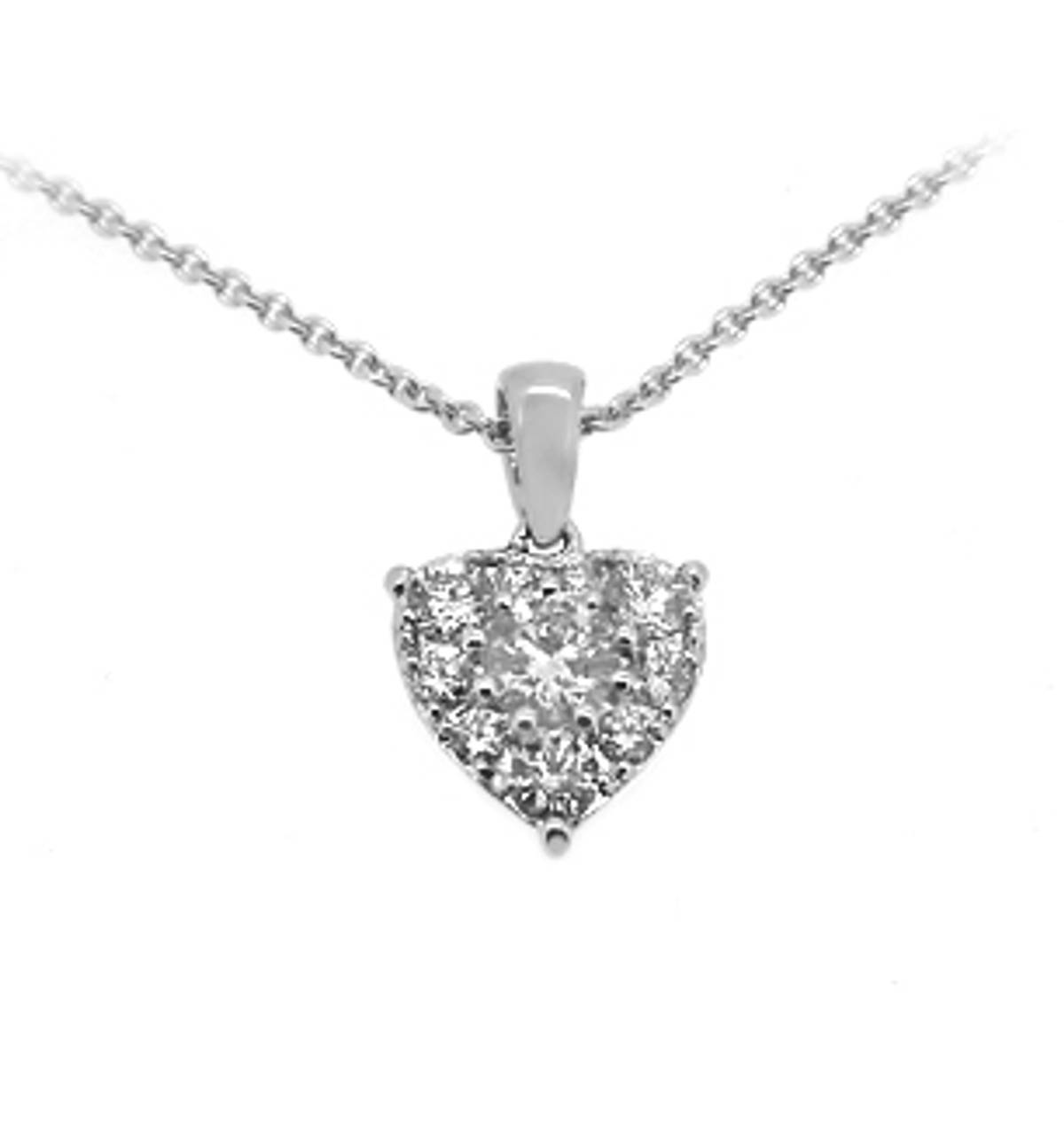 18k White Gold Brilliant Cut Diamond Heart Shape Cluster Pendant On 18k White Gold 18” 
Total diamond weight 0.43cts
Pendant length 1.4cmPendant width 0.9cm