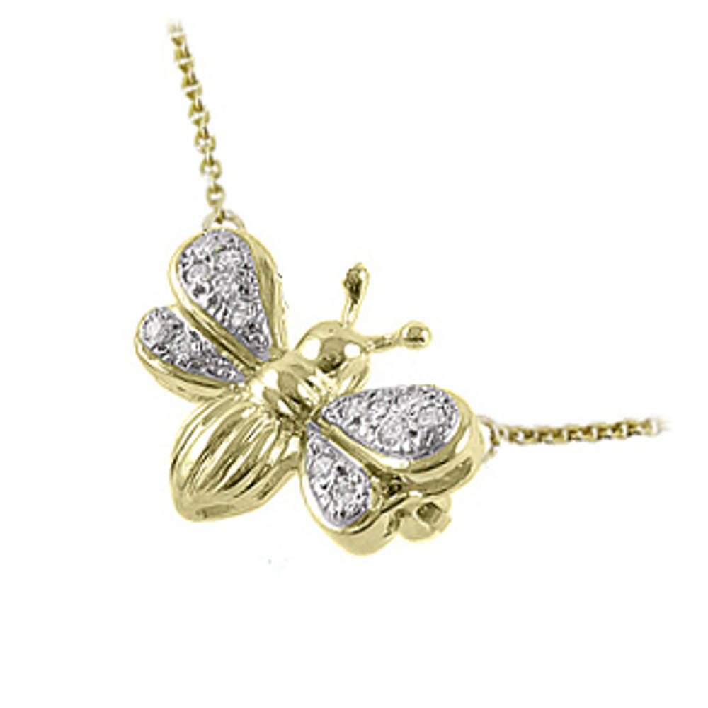 9k yellow gold brilliant cut diamond bee pendant on chainDETAILSCarat: total diamond weight 0.08cts9k yellow gold 18” chain SIZE & FITPendant length 1.8cmPendant width 1.9cm