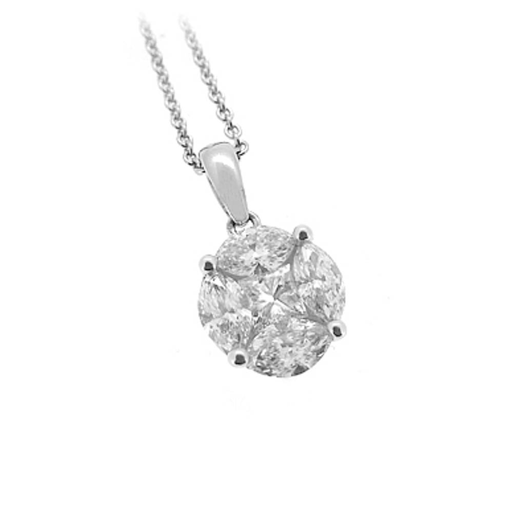 18k white gold marquise & princess cut diamond cluster pendant on 18k white gold 18” Chain
Total diamond weight 0.86cts
Pendant length including loop 1.5cmPendant width 0.8cm