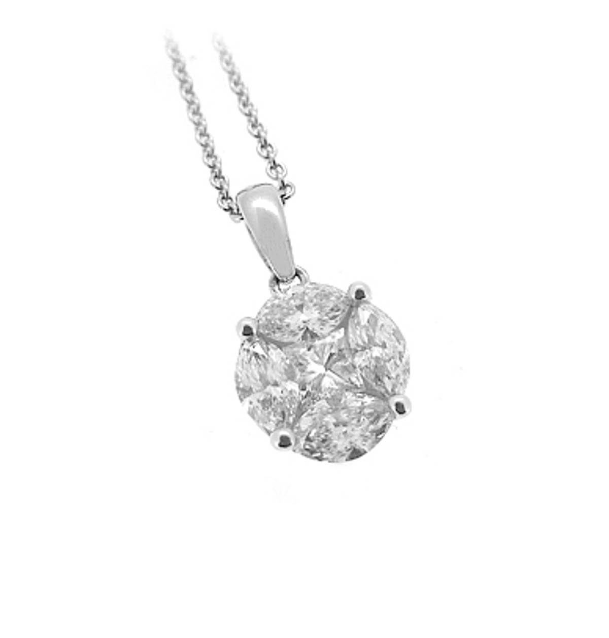 18k white gold marquise & princess cut diamond cluster pendant on 18k white gold 18” Chain
 Total diamond weight 0.86cts
Pendant length including loop 1.5cmPendant width 0.8cm