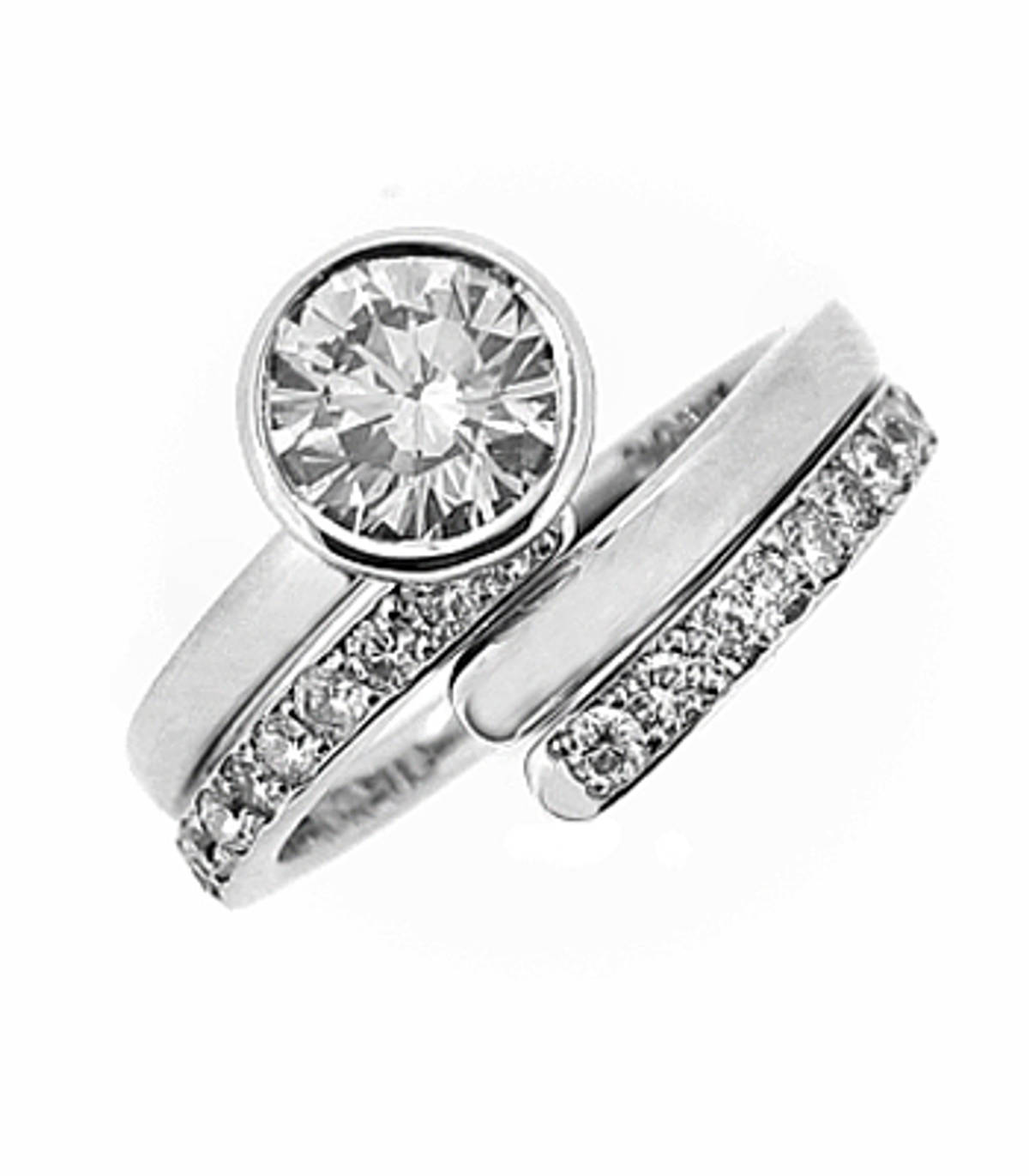 Irish made&nbsp;2 band diamond swirl ring with 0.31 carat brilliant cut centre diamond with 0.14 brilliant cut diamonds in band all in 18 carat white gold