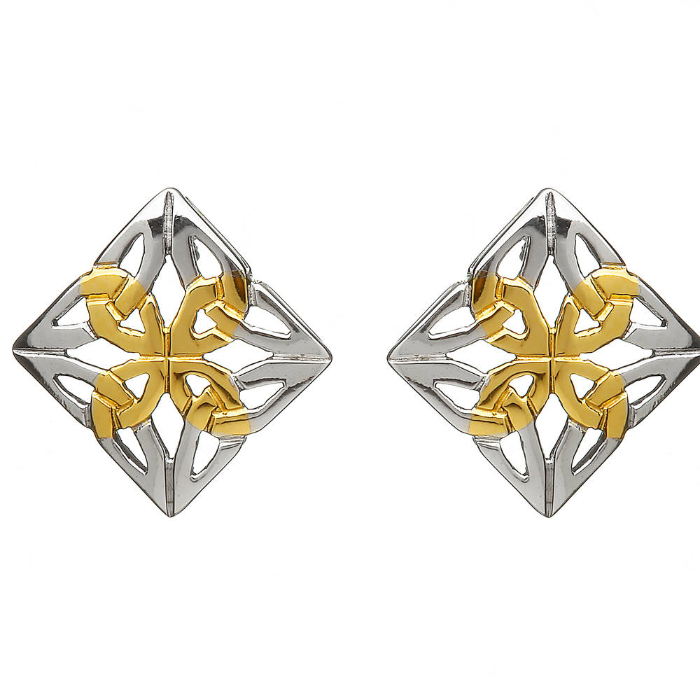 Silver Celtic Knot Work Earrings Diamond Shape Gold plated Centre