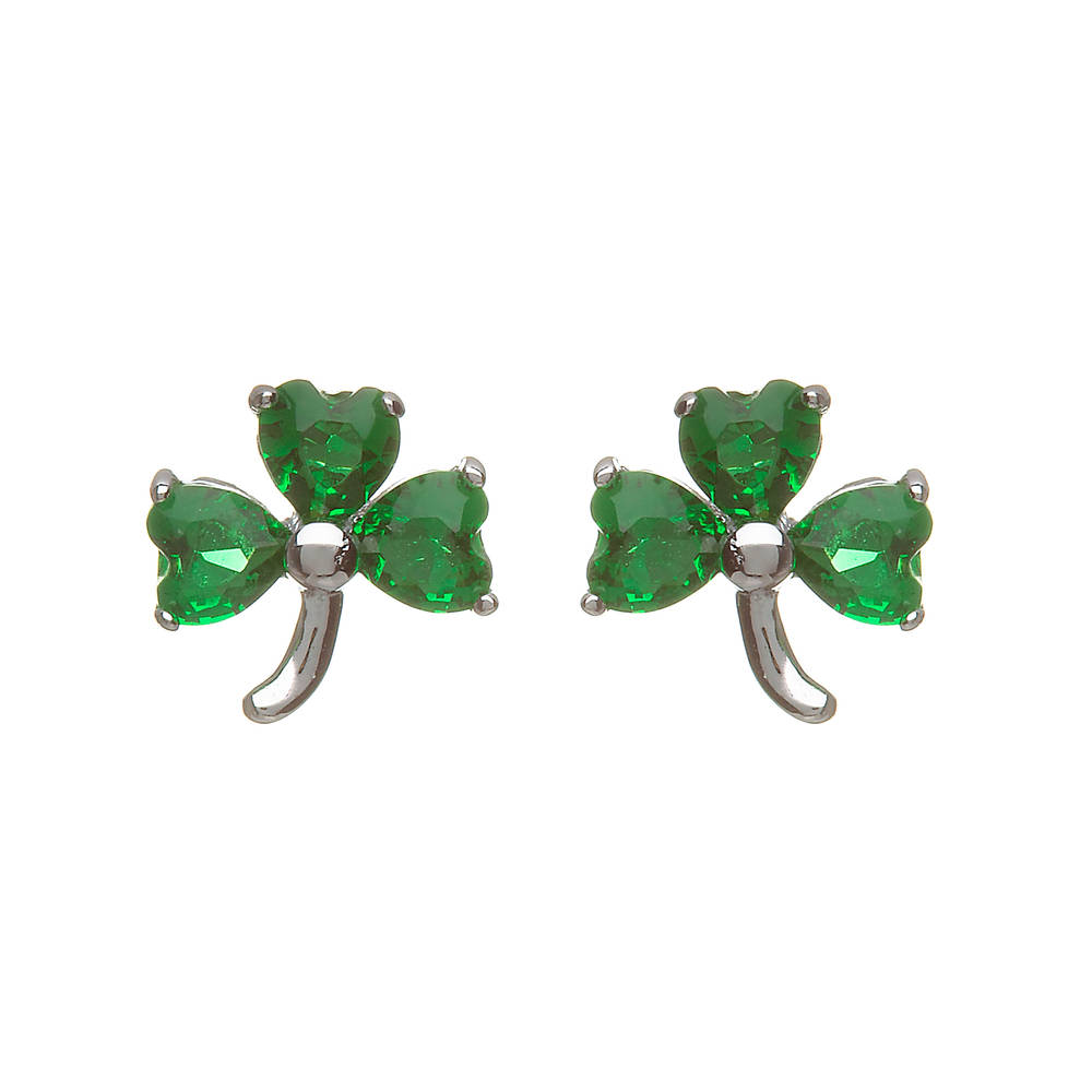Silver Shamrock Stud Earrings Set With Green Cz