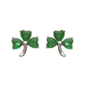 Silver Shamrock Earrings Green Czs