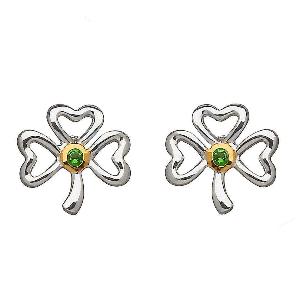 Silver Open Shamrock With Emerald Stone Centre Stud Earrings
