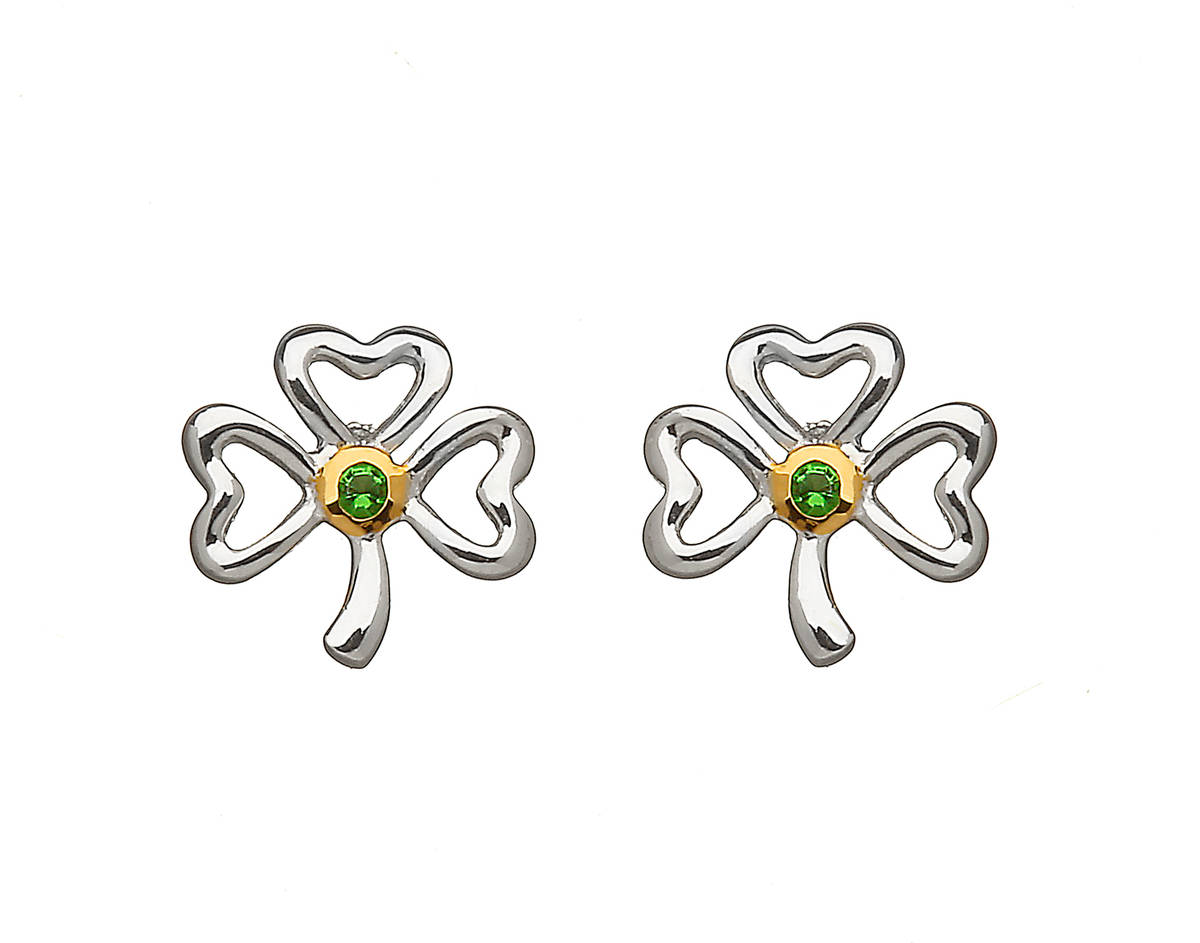 Silver Open Shamrock With Emerald Stone Centre Stud Earrings